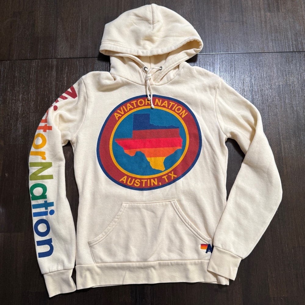 Aviator Nation Cream Hoodie with Rainbow Texas Logo